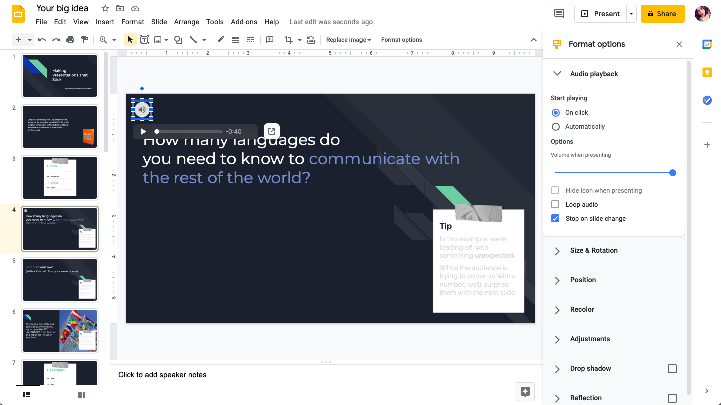 how to add audio to Google Slides